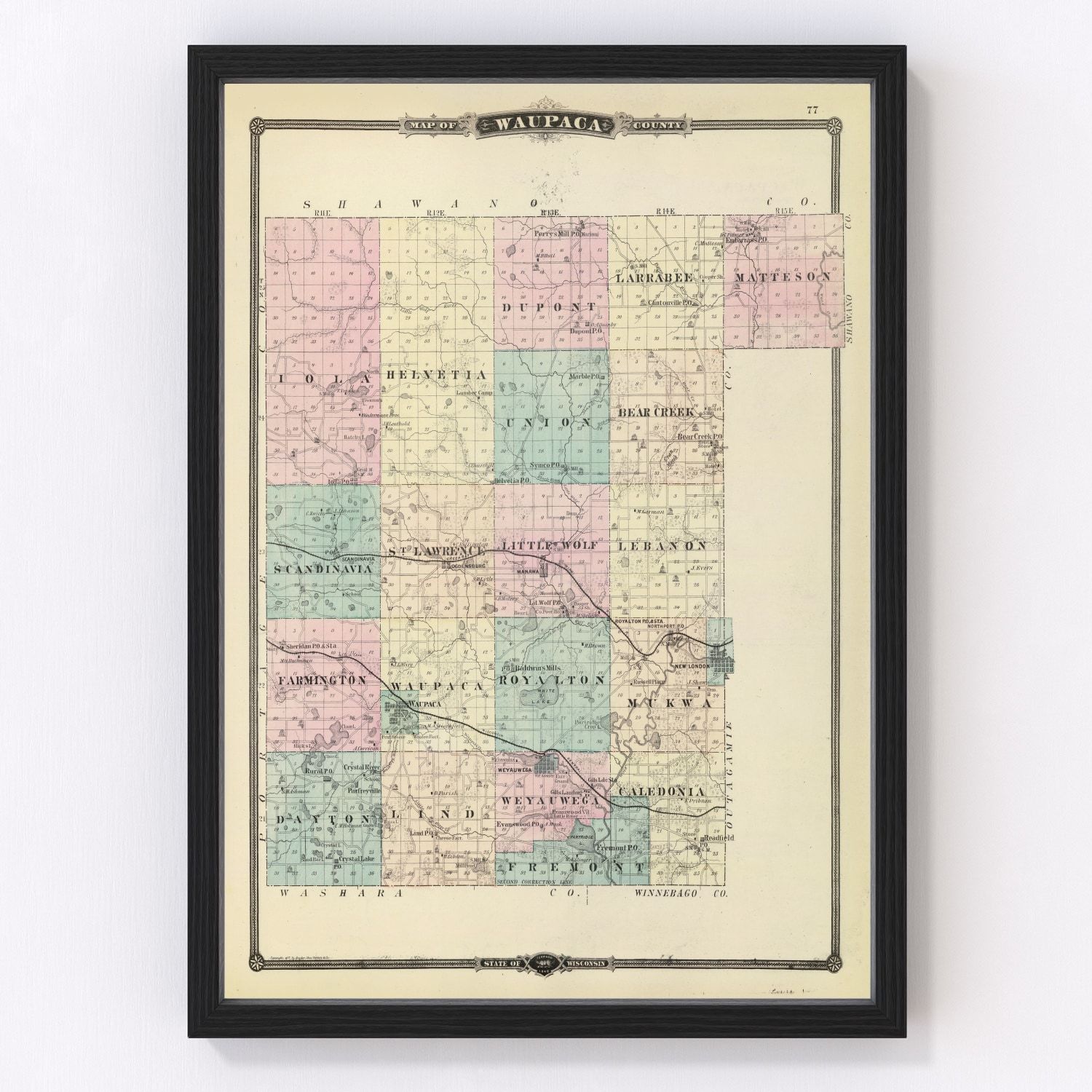 Vintage Map of Waupaca County, Wisconsin 1878