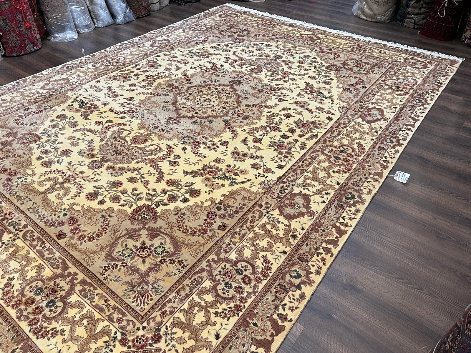 Vintage Sino Persian Rug 10x14, Room Sized Elegant Handmade Oriental Carpet 10 x 14, Floral Medallion Large Wool Rug with Silk Accents Beige