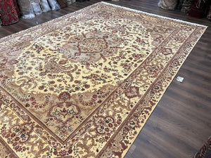 Vintage Sino Persian Rug 10x14, Room Sized Elegant Handmade Oriental Carpet 10 x 14, Floral Medallion Large Wool Rug with Silk Accents Beige