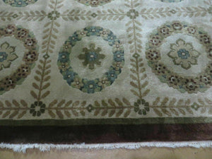 9' X 12' Modern Handmade Indo Lahore Wool Rug Art Deco Olive Ivory Nice Wow