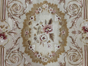 Aubusson Needlepoint Rug 4x5 ft, Beige and Tan, Aubusson Savonnerie Vintage Carpet, Handwoven Handmade Wool Rug, European Design Floral Rose