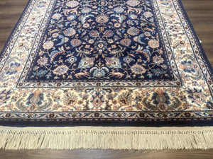 Karastan Rug #747, Indigo Tabriz 5.9 x 9, Wool Carpet Original 700 Series, Vintage Area Rug Allover Floral, Discontinued, Navy Blue Ivory