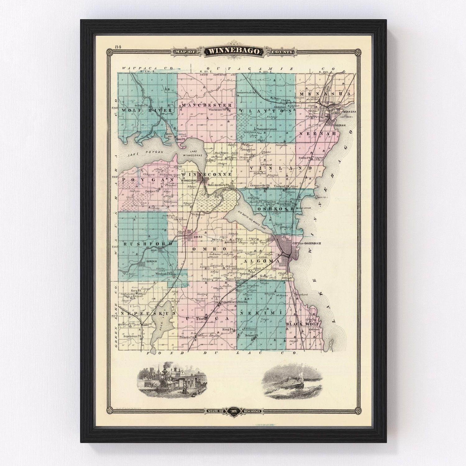 Vintage Map of Winnebago County, Wisconsin 1878