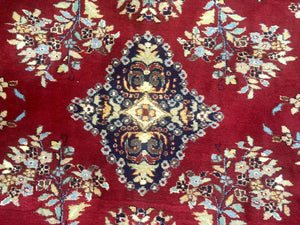 Indo Persian Sarouk Rug 10x14, Large Red and Navy Blue Carpet, Traditional Floral Wool Rug