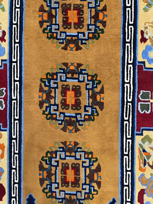 Vintage Chinese Art Deco Rug 3x6, Orange Dark Blue Maroon Chinese Peking Carpet, Asian Oriental Wool Rug, Bold Colors, Bedroom Rug, Hallway