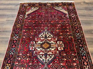 Persian Hamadan Rug 4x7, Tribal Village Malayer Carpet, Red and Ivory, Bohemian Antique