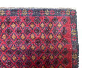 3x5 New Vintage Handmade Tribal Wool Rug Balouch Rug Afghan Rug Red Blue Diamond
