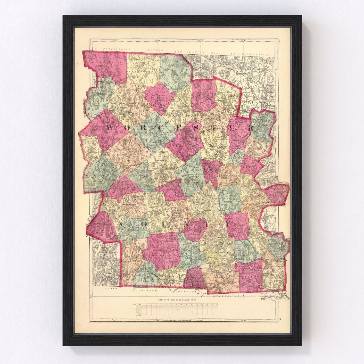 Vintage Map of Worcester County, Massachusetts 1871