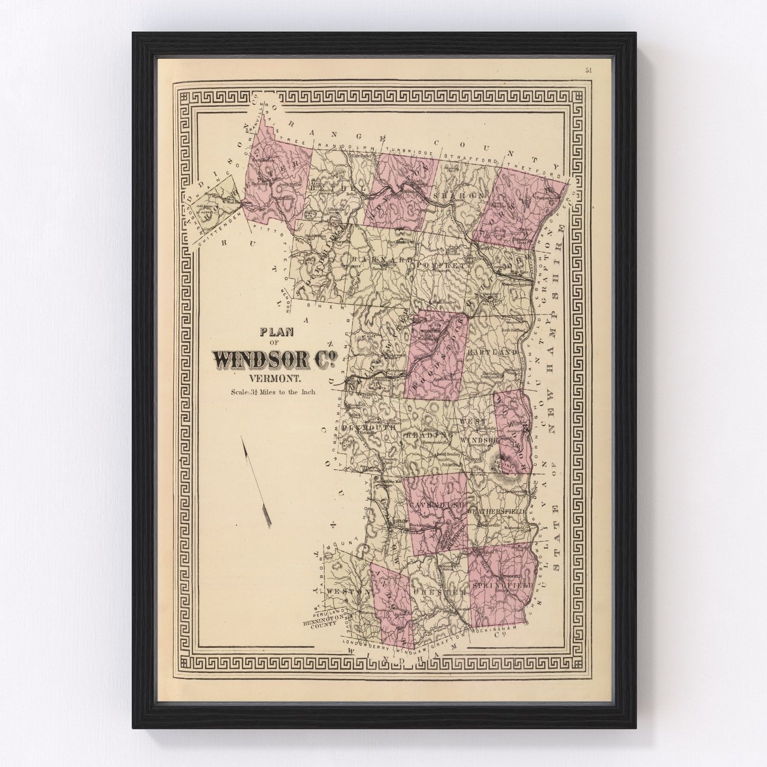 Vintage Map of Windsor County, Vermont 1876