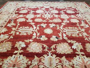 Peshawar Rug 9.5 x 10.8, Almost Square Size, Red and Beige Chobi Sultanabad Rug, Shah Abbas Flowers, Wool Handmade, Vintage Oriental Carpet