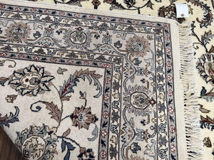 Indian Rug 5.7 x 9, Vintage Oriental Carpet, Handmade Hand Knotted Wool Rug, Living Room Rug, Bedroom Rug, Ivory and Gray, Allover Floral