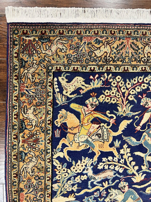 Persian Qum Hunting Design Rug 4x5, Wool Hand Knotted Vintage Oriental Carpet, Navy Blue & Mustard, Horsemen Animal Pictorials, Rare