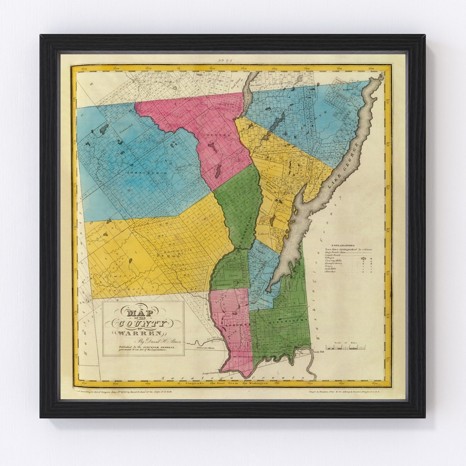 Vintage Map of Warren County, New York 1829