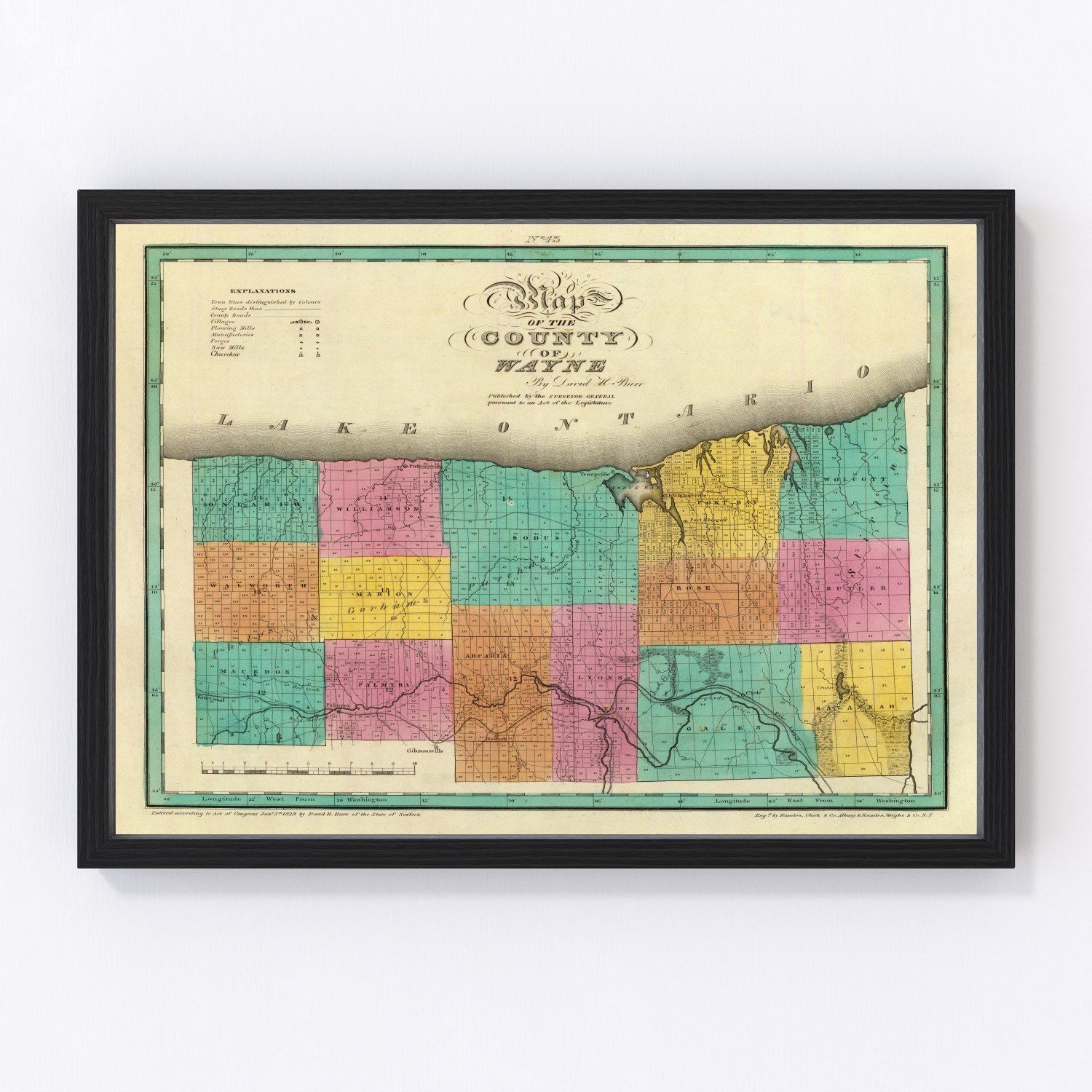 Vintage Map of Wayne County, New York 1829