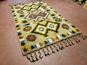 Portuguese Rya Style Shag Rug Moroccan Design, 4x6 Vintage Colorful Geometric Rug, Handmade Wool Gold Tan, Soft Pile Rug