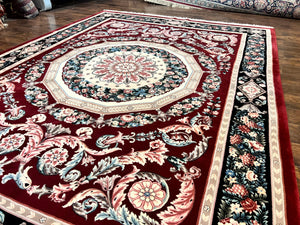 Chinese Aubusson Rug 9x12, Burgundy, Handmade Vintage Wool Carpet, Fine 210 KPSI, Elegant European Design