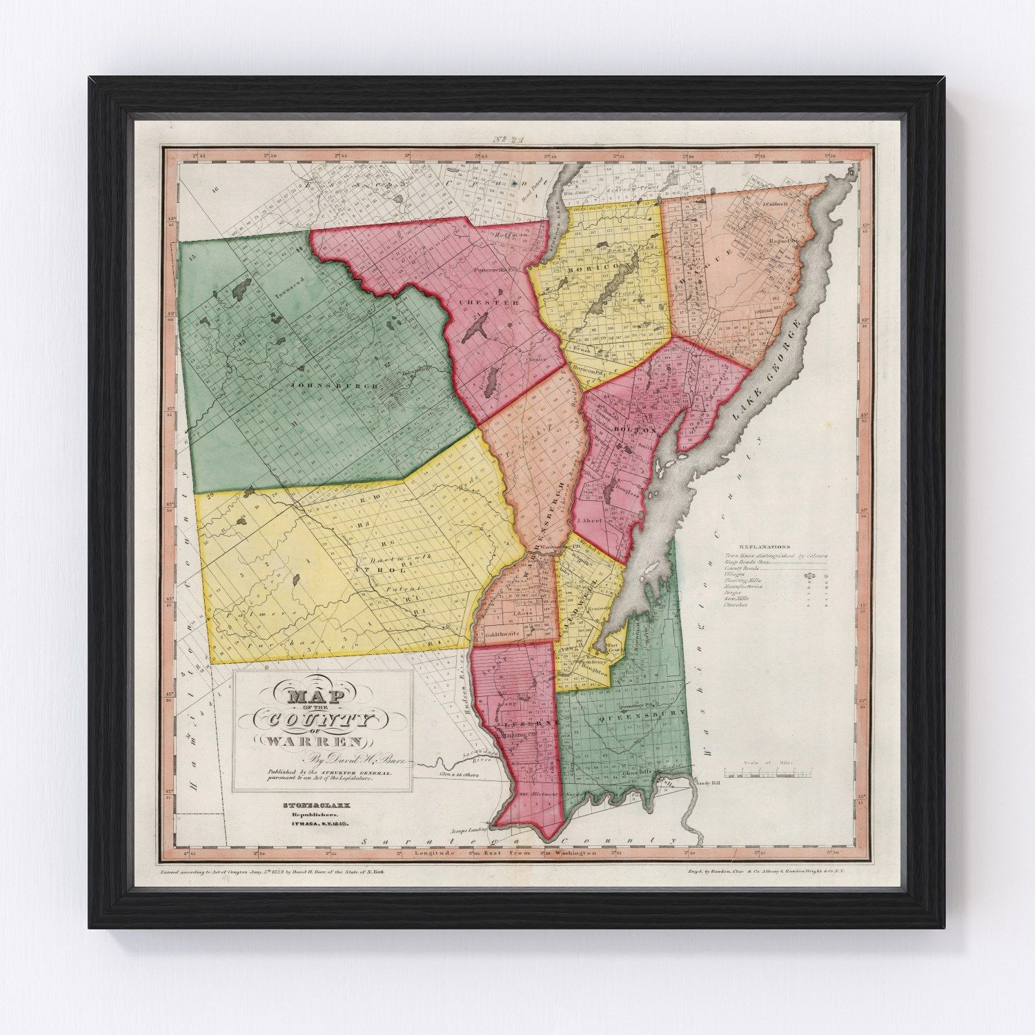 Vintage Map of Warren County, New York 1840
