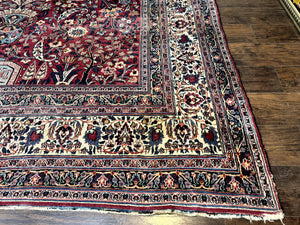 Antique Persian Mashad Rug 10x12, Red and Ivory, Signed by Master Weaver