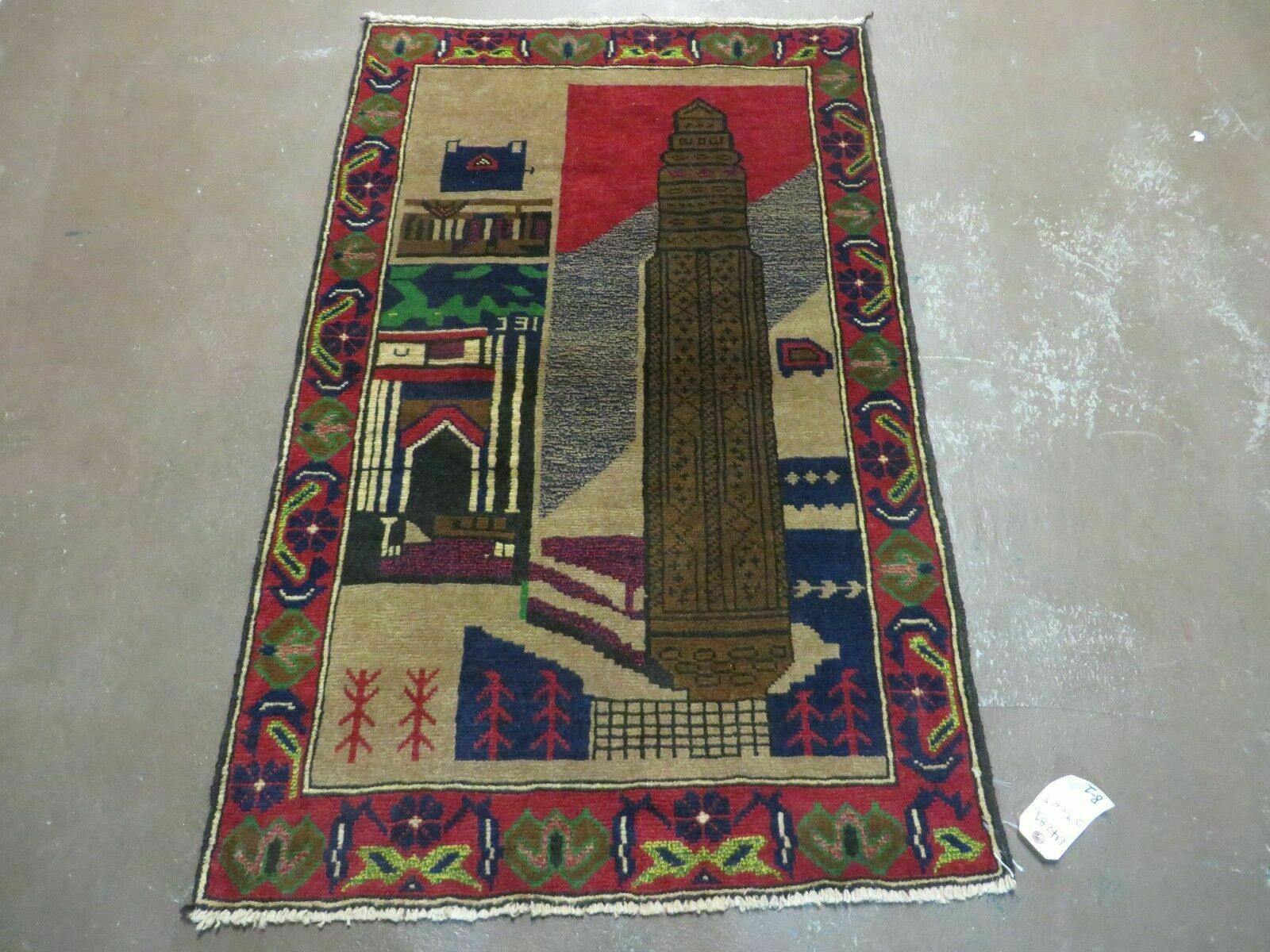 3' X 4' New Vintage Handmade Afghan Balouch Tribal Wool Pictorial Rug # 281