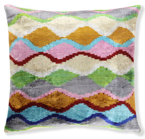 Handmade 16x16 Velvet Pillow – Multicolor Zigzag Ikat Pattern