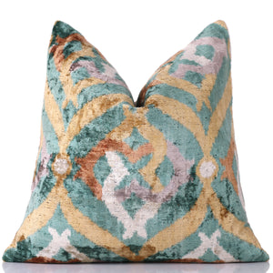 Emerald Gold Ikat Velvet Pillow – 16x16 in