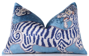 Handmade Blue Velvet Tiger Pillow – 16x24" Silk Accent Cushion
