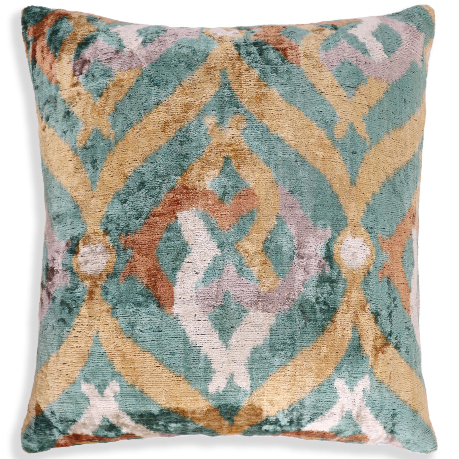 Emerald Gold Ikat Velvet Pillow – 16x16 in