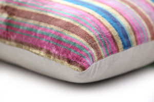 Colorful Striped Velvet Pillow – 16x16 Handmade Ikat Throw Cushion