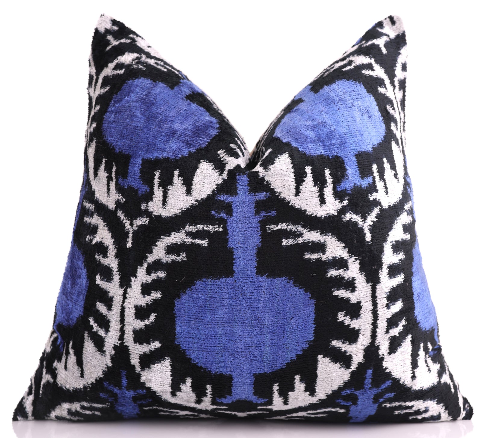 Handmade Ikat Velvet Pillow – 20x20" Blue & Black Silk Cushion