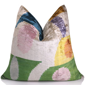 Handmade Velvet Abstract Pillow – 24x24" Pastel Ikat Silk Cushion
