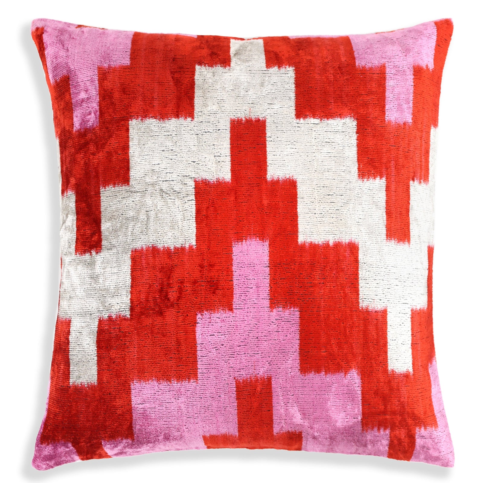 Red & Pink Geometric Velvet Pillow – 16x16