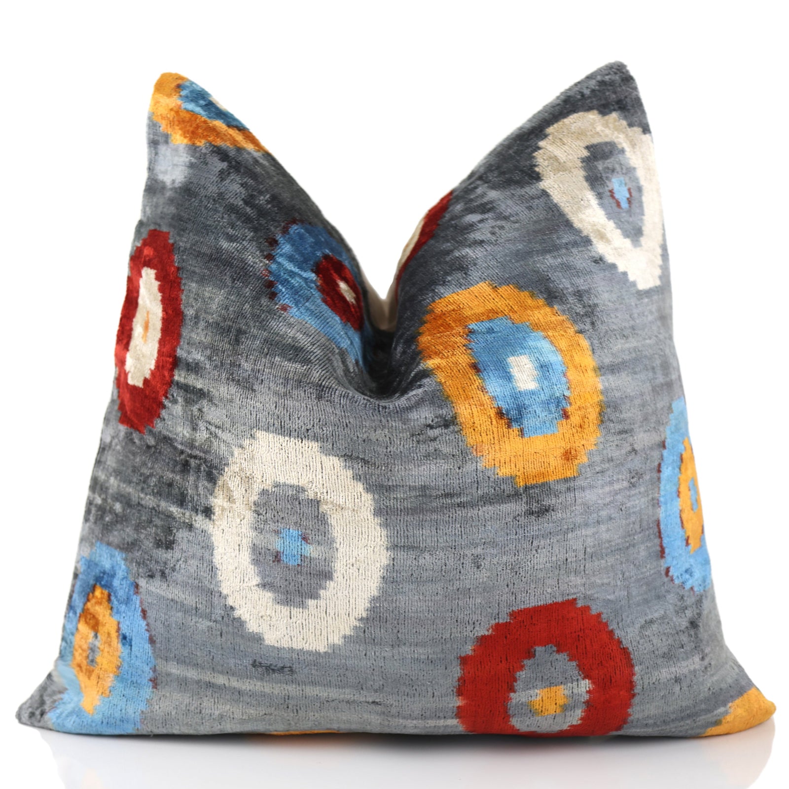 Luxury Handmade Velvet Throw Pillow – Handwoven Grey with Multicolor Circle Pattern | 20x20 in | Feather Insert Included