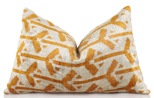 Handmade Velvet Tribal Pillow – 16x24" Gold & Ivory Silk Cushion
