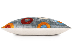 Handmade Velvet Circle Pillow – 16x24" Gray Blue & Orange Silk Cushion
