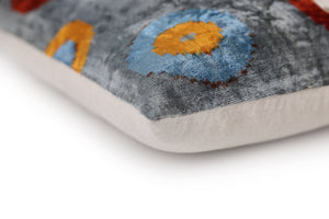 Luxury Handmade Velvet Throw Pillow – Handwoven Grey with Multicolor Circle Pattern | 20x20 in | Feather Insert Included