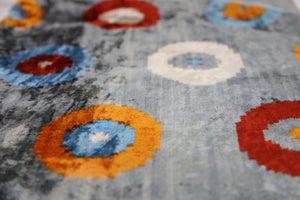 Handmade Velvet Circle Pillow – 16x24" Gray Blue & Orange Silk Cushion