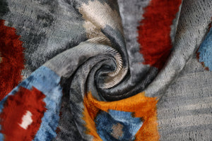 Handmade Velvet Circle Pillow – 16x24" Gray Blue & Orange Silk Cushion