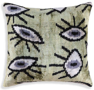 Handmade Evil Eye Silk Velvet Pillow – 16x16 Green & Black Cushion