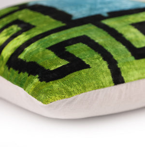 Greek Key Velvet Pillow in Green & Blue – Handmade 24x24 Inch Square