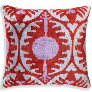 Handmade Red & Lilac Ikat Velvet Pillow – 16x16 Silk Cushion