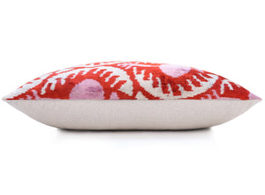 Red & Pink Ikat Velvet Pillow – Handmade 16x24 Lumbar Cushion