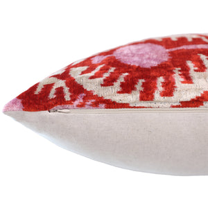 Handmade Red & Lilac Ikat Velvet Pillow – 16x16 Silk Cushion