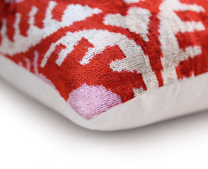 Handmade Red & Lilac Ikat Velvet Pillow – 16x16 Silk Cushion