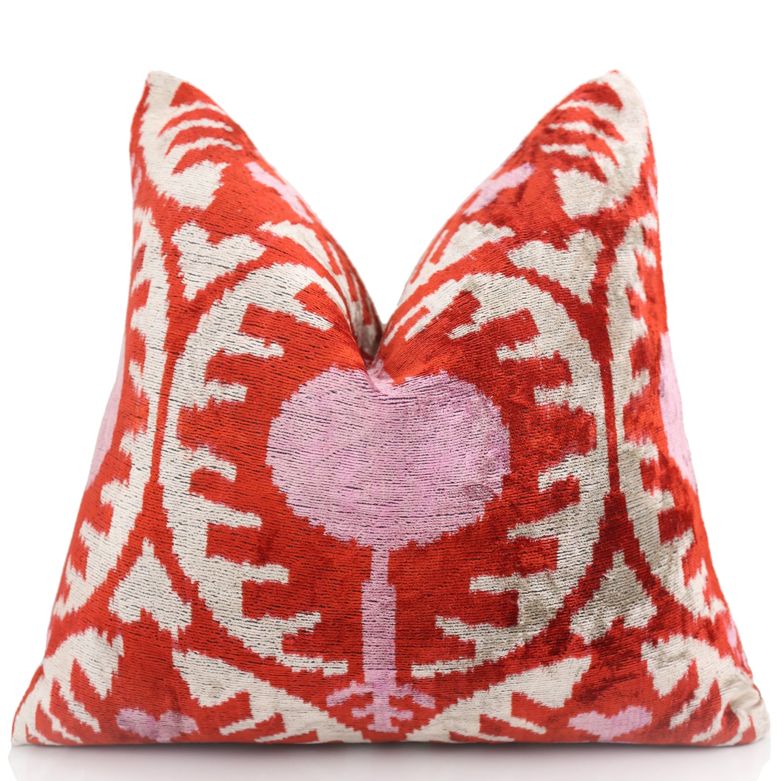 Handmade Red & Lilac Ikat Velvet Pillow – 16x16 Silk Cushion
