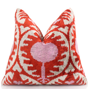 Handmade Red & Lilac Ikat Velvet Pillow – 16x16 Silk Cushion