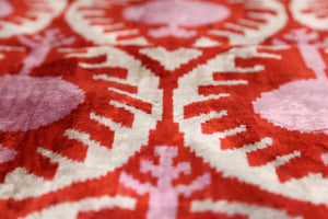 Handmade Red & Lilac Ikat Velvet Pillow – 16x16 Silk Cushion