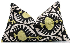 Black & Olive Ikat Velvet Pillow – Handmade 16x24 Medallion Design