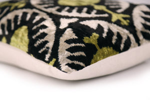Black & Olive Ikat Velvet Pillow – Handmade 16x24 Medallion Design