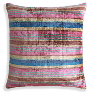 Colorful Striped Velvet Pillow – 16x16 Handmade Ikat Throw Cushion