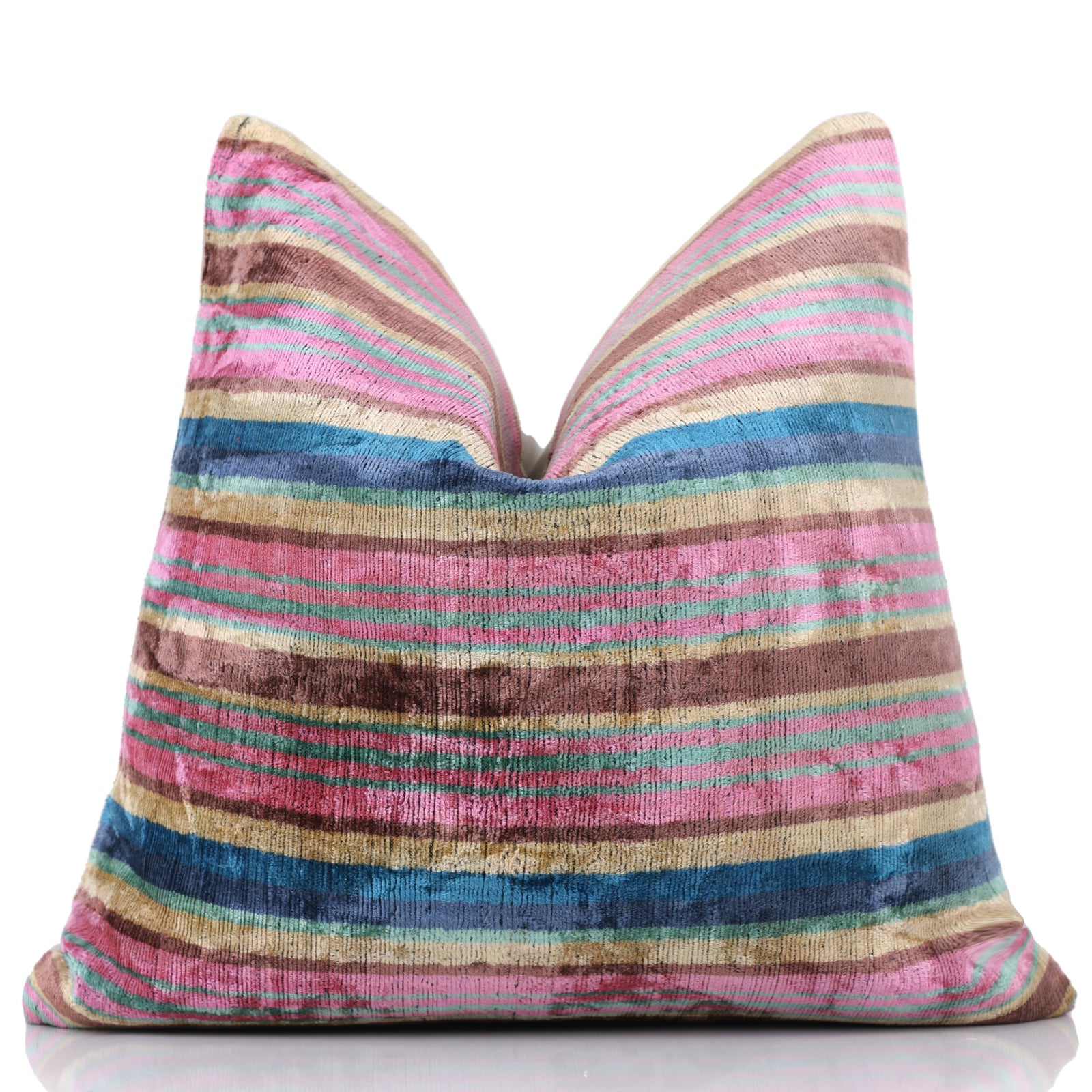 Colorful Striped Velvet Pillow – 16x16 Handmade Ikat Throw Cushion
